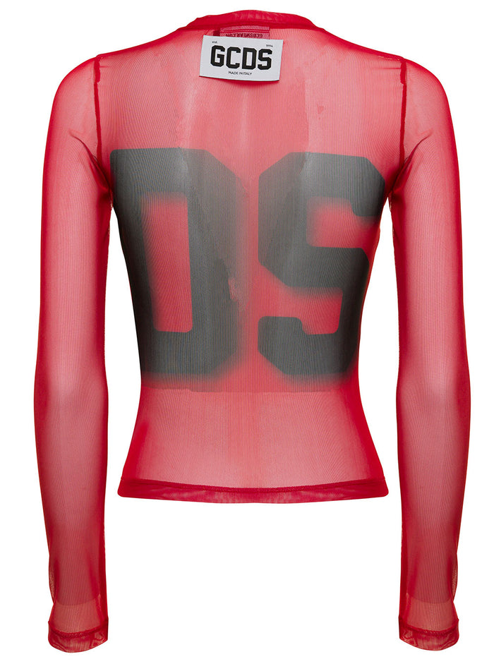 Gcds Transparent Red Long Sleeves Womant-Shirt With Logo Polyester Jersey