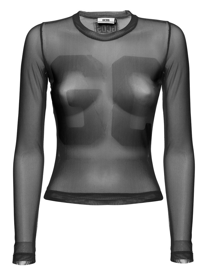 Transparent Long Sleeve T-Shirt With Gcds Woman Logo Black Polyester Jersey