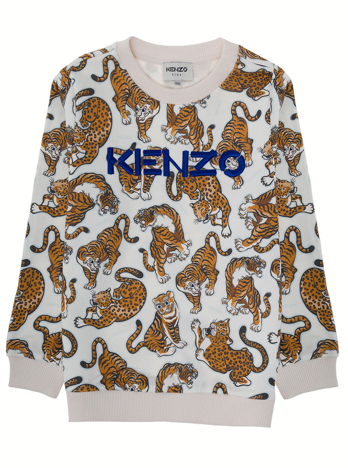 Kenzo Boy Cotton White Sweatshirt With Tigers Print Sweatshirts