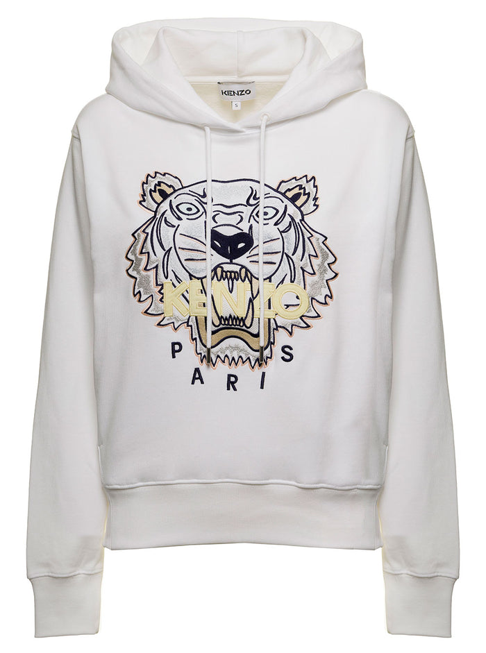 Kenzo Womans White Cotton Hoodie With Tiger Logo Sweatshirts