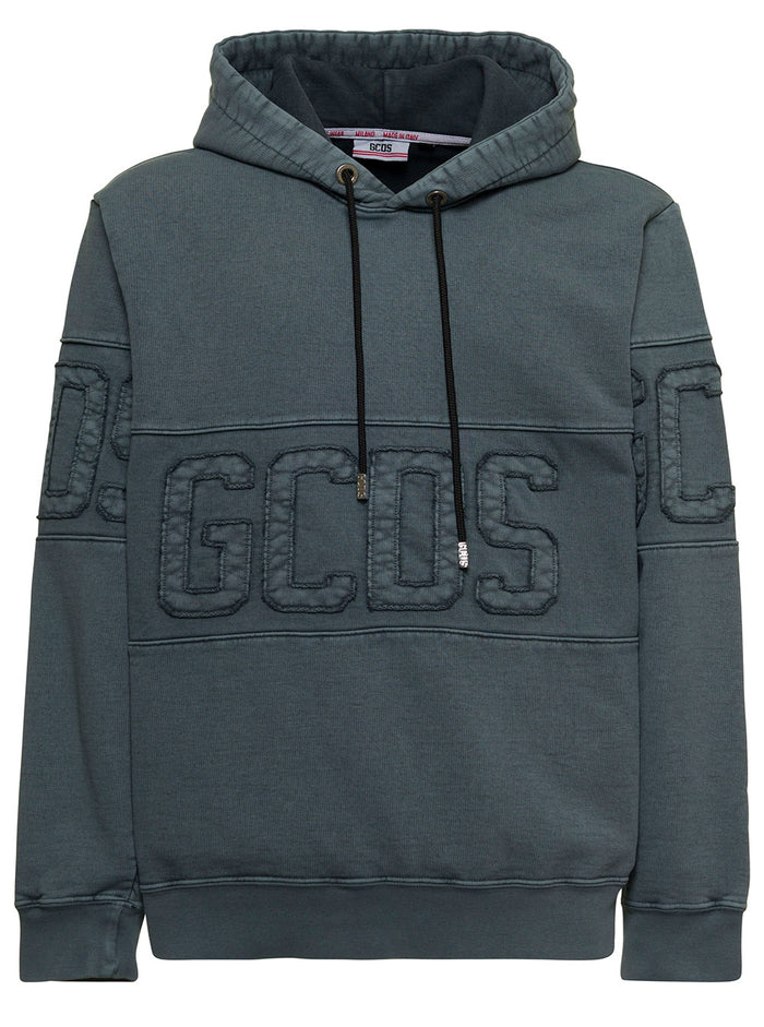 Overdyed Gcds Mans Petrol Colored Cotton Hoodie Blu Sweatshirts