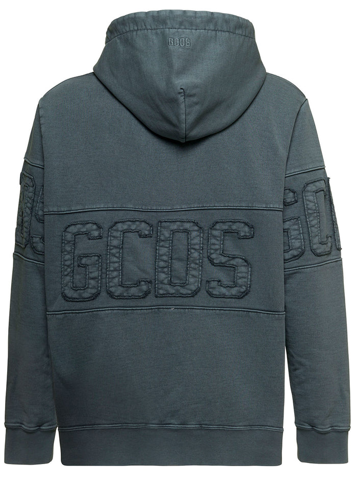 Overdyed Gcds Mans Petrol Colored Cotton Hoodie Blu Sweatshirts