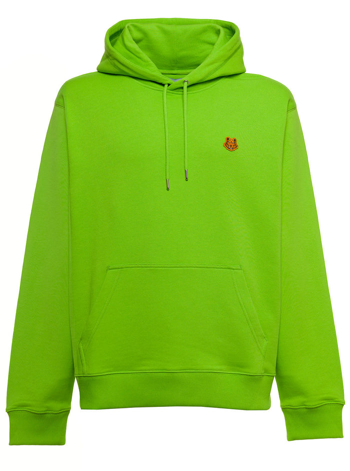 Kenzo Mans Green Cotton Hoodie With Tiger Patch Sweatshirts