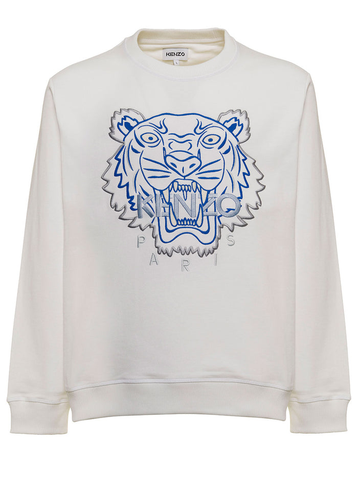 White Cotton Mans Sweatshirt With Kenzo Tiger Logo Sweatshirts