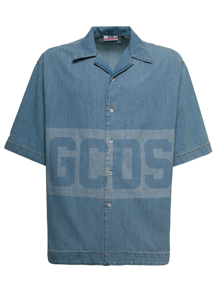 Gcds Mens Denim Bowling Shirt With Logo Light Blue Cotton And Blouses