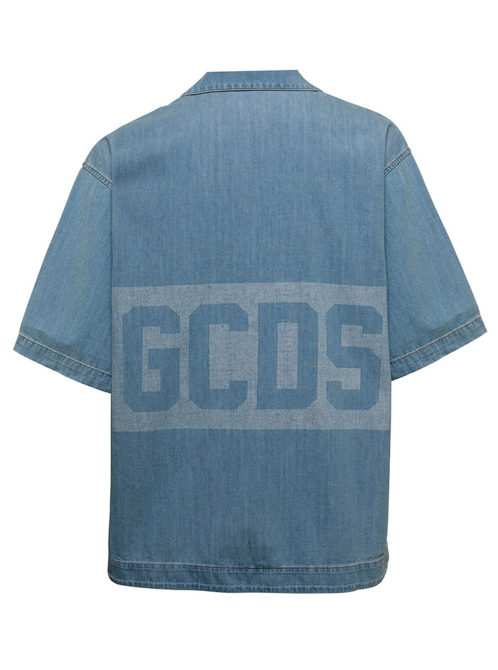 Gcds Mens Denim Bowling Shirt With Logo Light Blue Cotton And Blouses