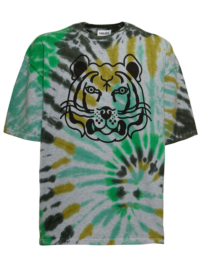 Kenzo Man Cotton Tie Dye T-Shirt With Tiger Print Tshirts And Polo Shirts