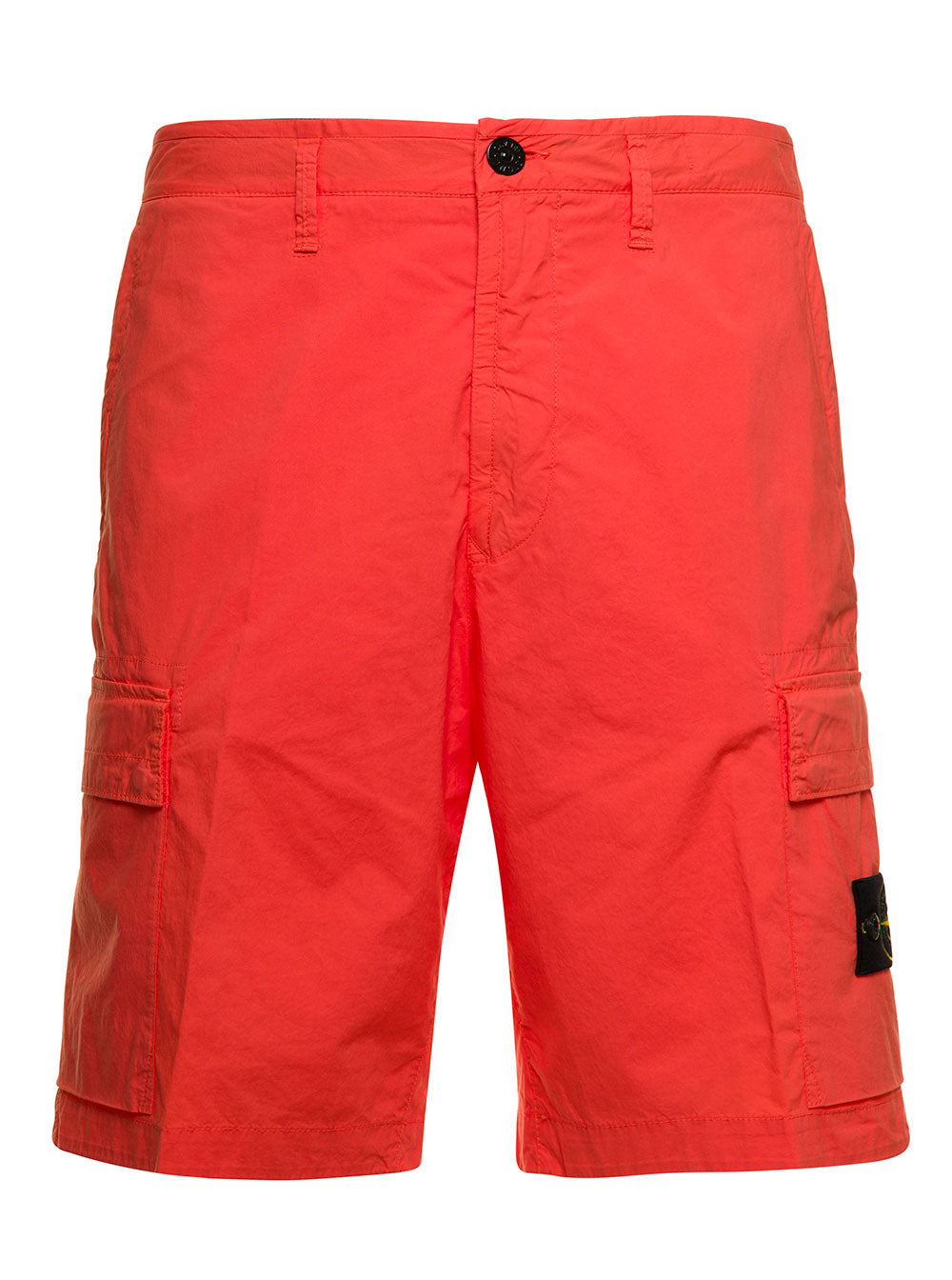 Stone Island Mans Orange Cotton Bermuda Shorts With Logo Elastane And