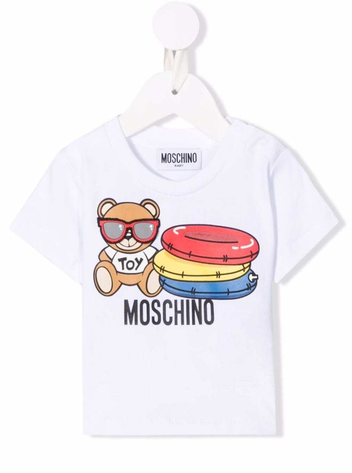 Moschino Baby Boy White Cotton T-Shirt With Logo Print Elastane Tshirts And Polo Shirts
