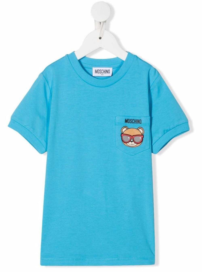 Light Blue Cotton T-Shirt With Moschino Kids Girls Logo Print Elastane Tshirts And Polo Shirts