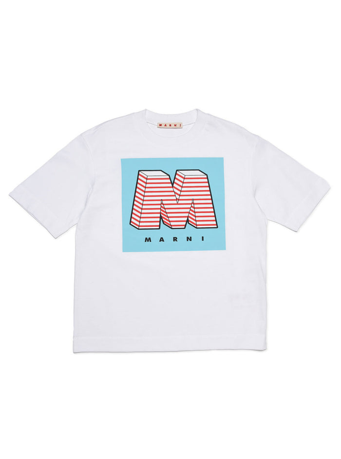 Marni Kids Girls White Cotton T-Shirt With Logo Print Jersey