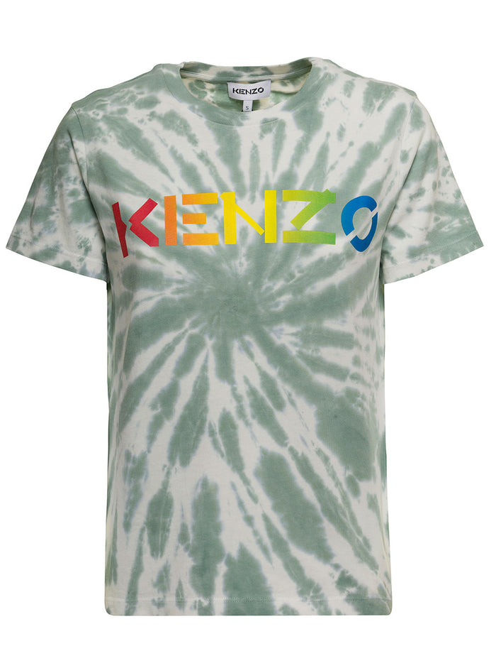 Kenzo Womans Tie Dye Cotton T-Shirt With Rainbow Logo Print Tshirts And Polo Shirts