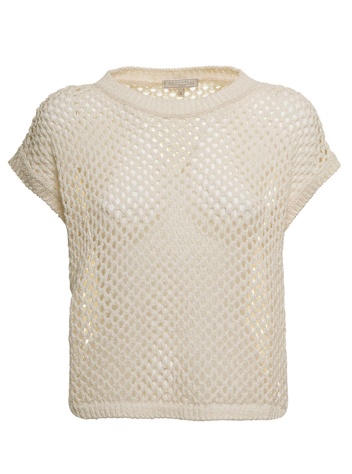 Antonelli Openwork Ivory Colored Knitted Woman T-Shirt White Cotton Polyamide Tshirts And Polo Shirts