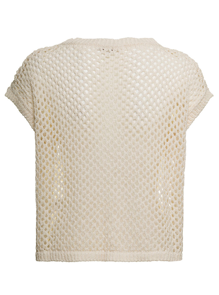 Antonelli Openwork Ivory Colored Knitted Woman T-Shirt White Cotton Polyamide Tshirts And Polo Shirts