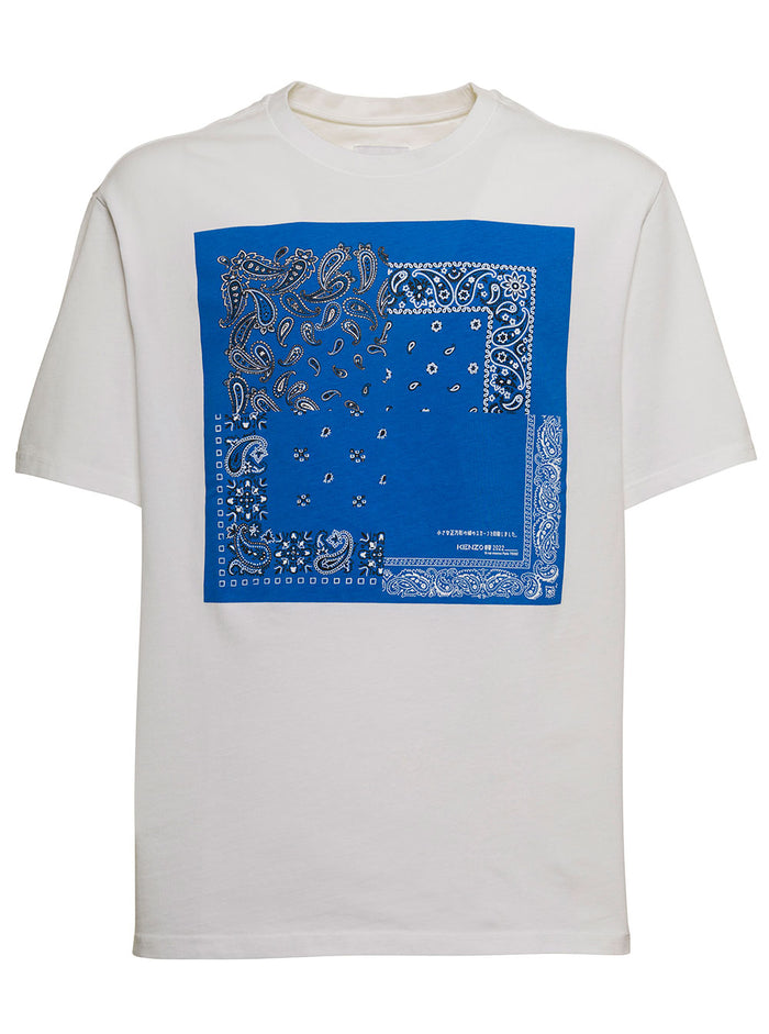 Kenzo White Cotton Mans T-Shirt Withn Bandana Print Tshirts And Polo Shirts