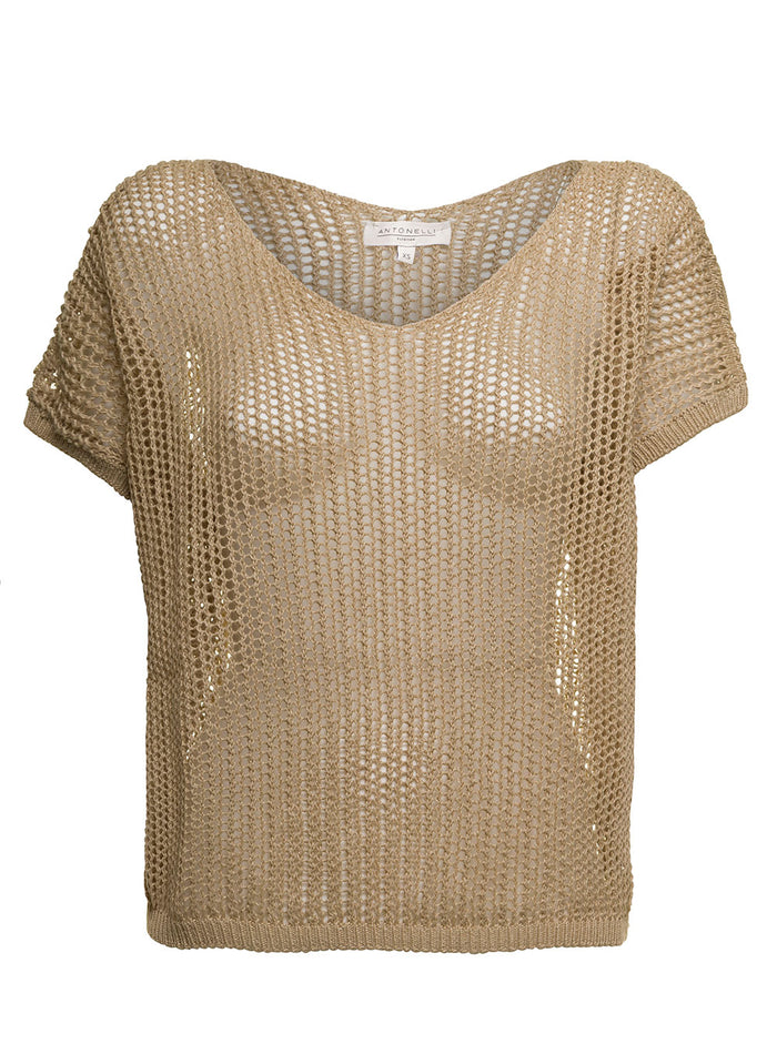 Antonelli Openwork Beige Knitted Woman T-Shirt Linen Cotton Tshirts And Polo Shirts