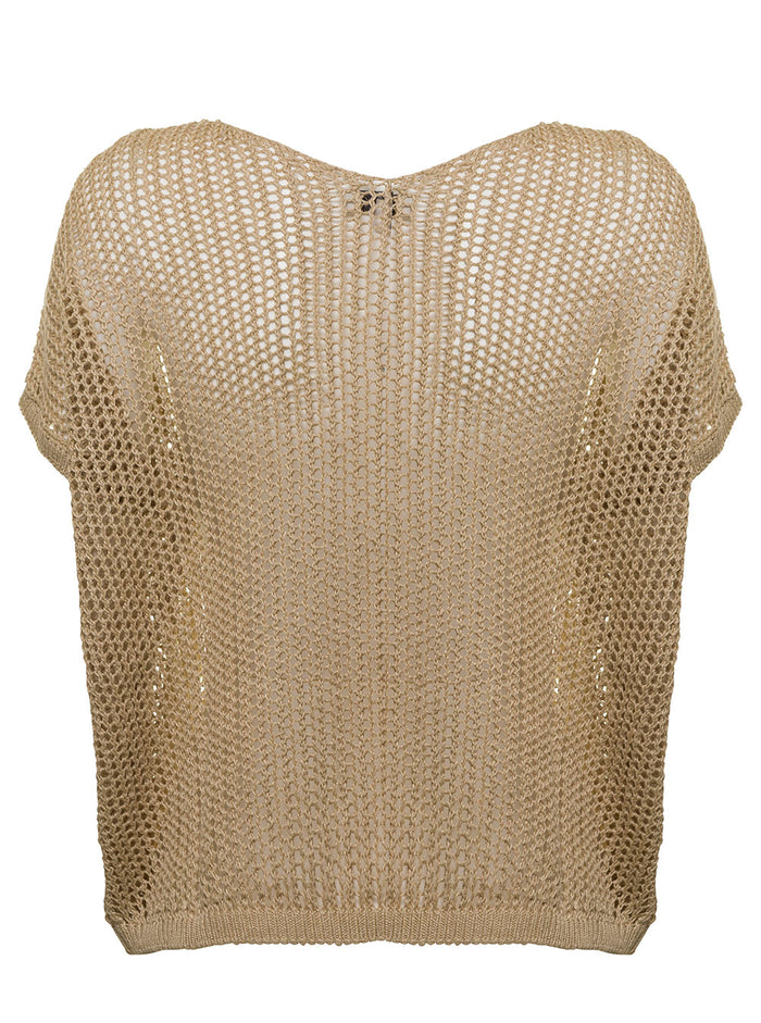 Antonelli Openwork Beige Knitted Woman T-Shirt Linen Cotton Tshirts And Polo Shirts