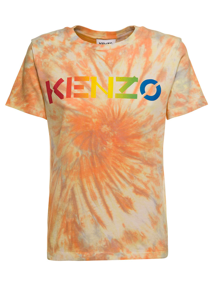 Tie Dye Woman Cotton T-Shirt With Kenzo Logo Print Orange Tshirts And Polo Shirts