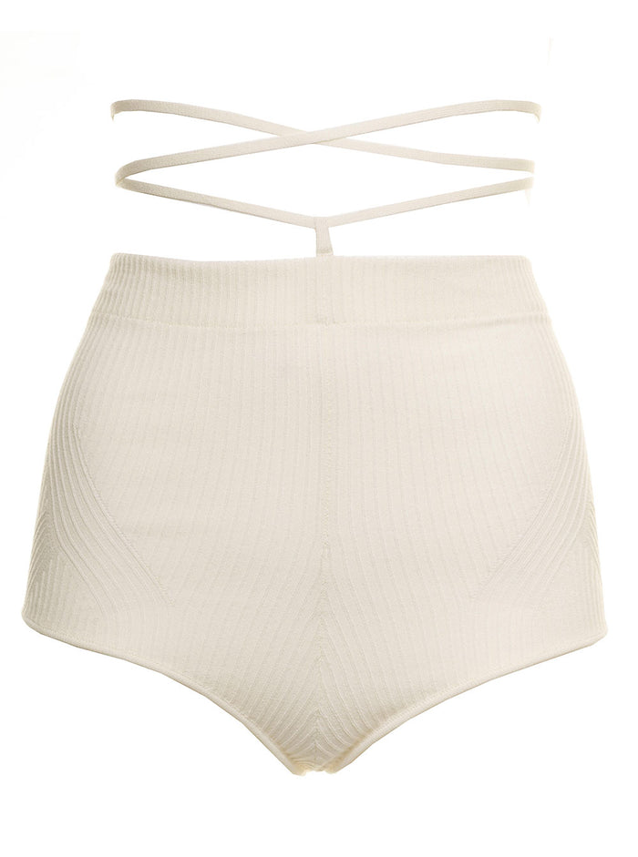 Andrea Adamo Woman Ivory Colored Viscose Shorts With Braided Laces White And Bermuda