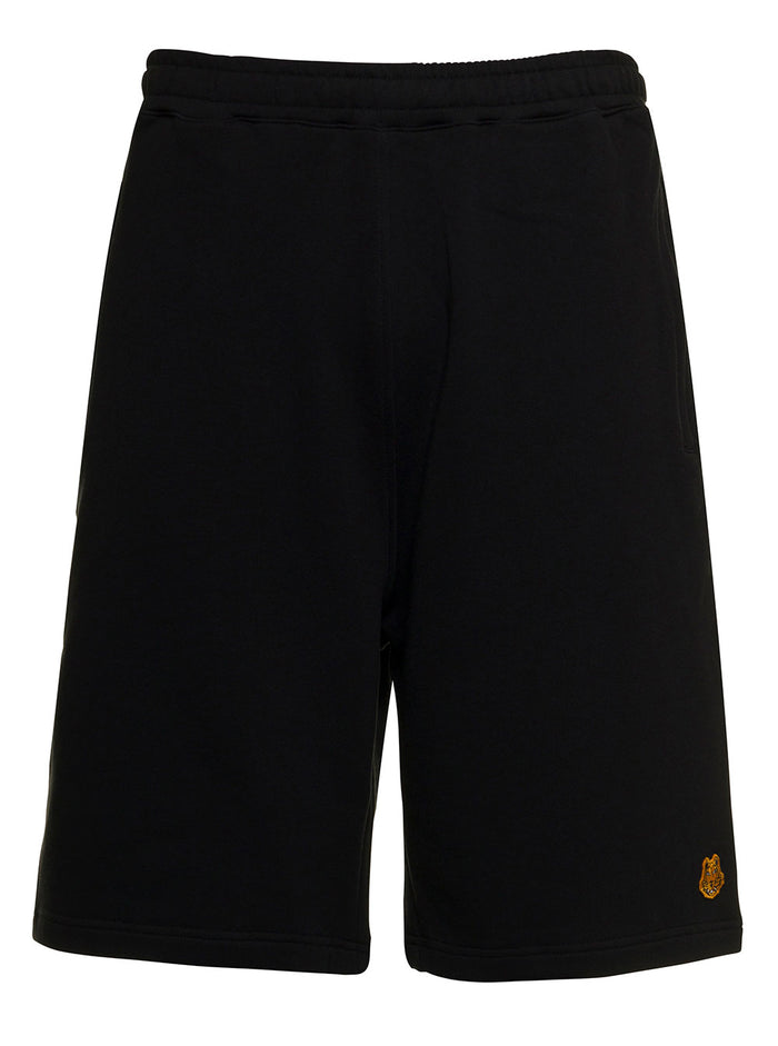 Kenzo Man Black Cotton Bermuda Shorts With Logo Patch And