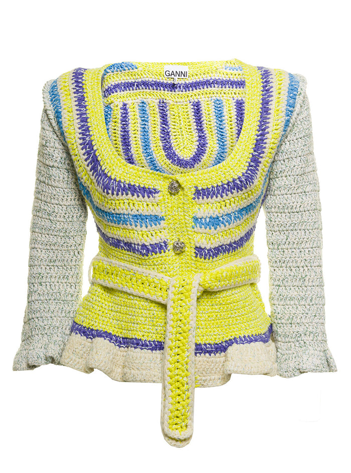 Ganni Womans Multicolor Crochet Cotton Cardigan Organic Wool Linen Jersey