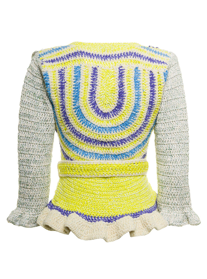 Ganni Womans Multicolor Crochet Cotton Cardigan Organic Wool Linen Jersey