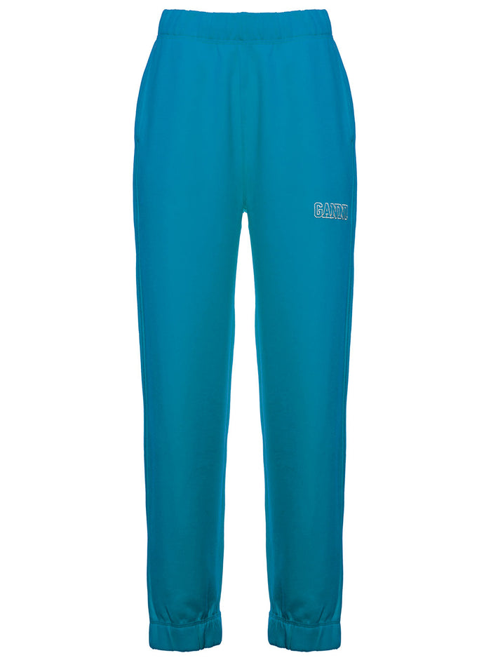 Ganni Womans Light Blue Cotton Joggers With Logo Organic Trousers