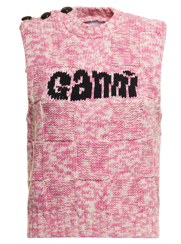 Ganni Womans Cotton Vest With Logo Pink Polyamide Blazers