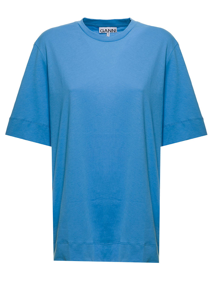 Ganni Woman Light Blue Cotton Crew Neck T-Shirt Blu Organic Tshirts And Polo Shirts