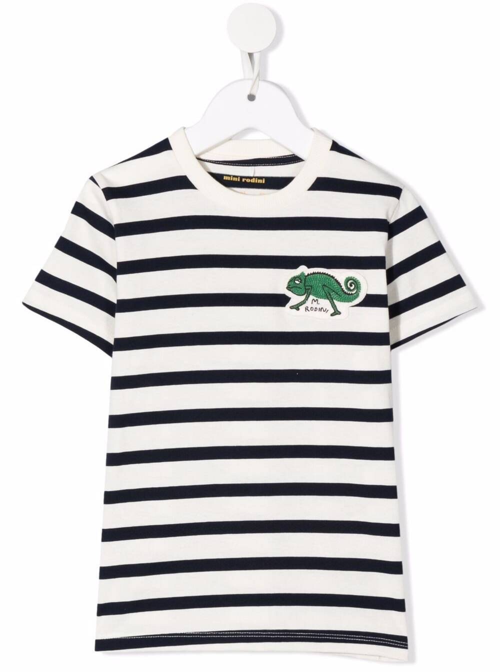 Mini Rodini Boy Lizard Striped Cotton T-Shirt With Logo White Organic Tshirts And Polo Shirts