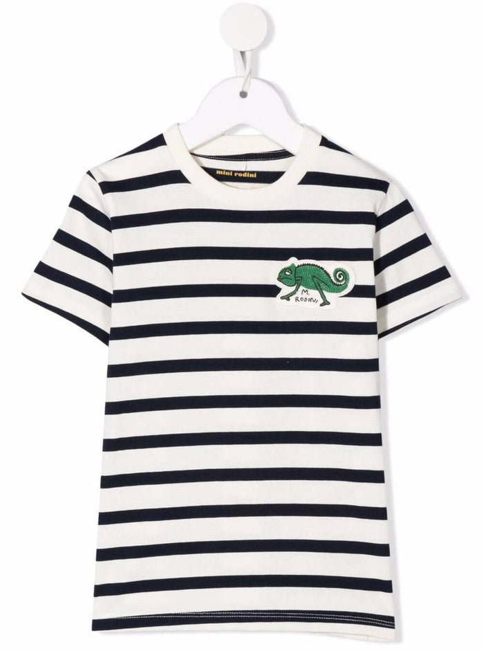 Mini Rodini Boy Lizard Striped Cotton T-Shirt With Logo White Organic Tshirts And Polo Shirts