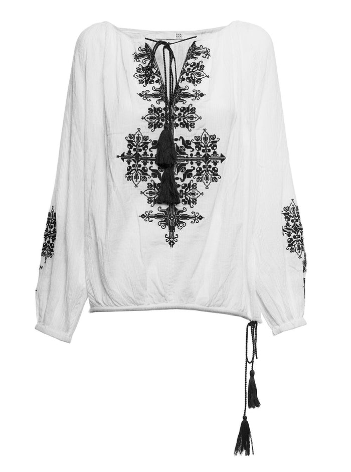 Douuod Womans White Cotton Blouse With Embroidery Shirts And Blouses