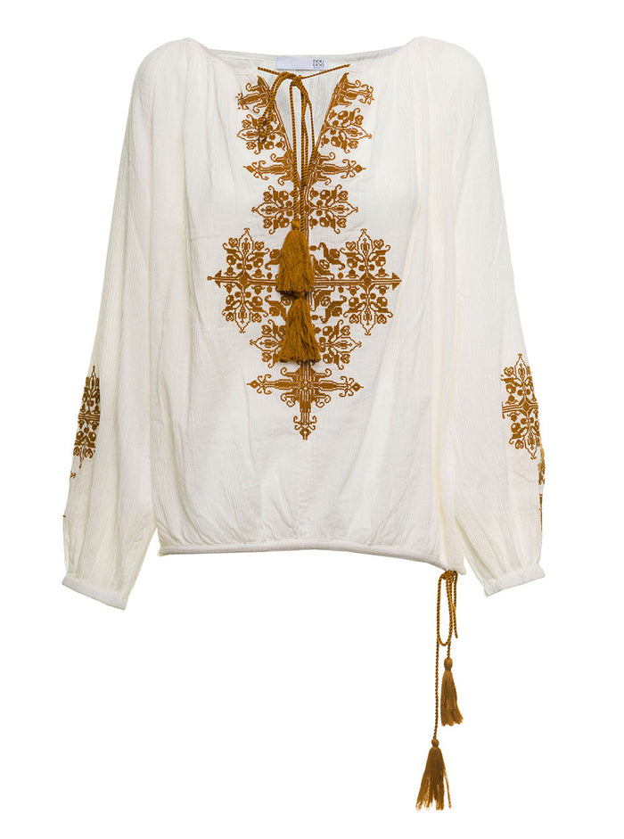 Douuod Womans White Cotton Blouse With Embroidery Shirts And Blouses