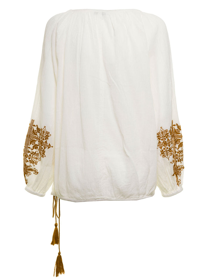 Douuod Womans White Cotton Blouse With Embroidery Shirts And Blouses