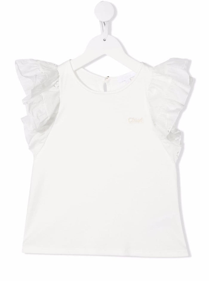 Chloé Girls White Cotton T-Shirt With Ruffles