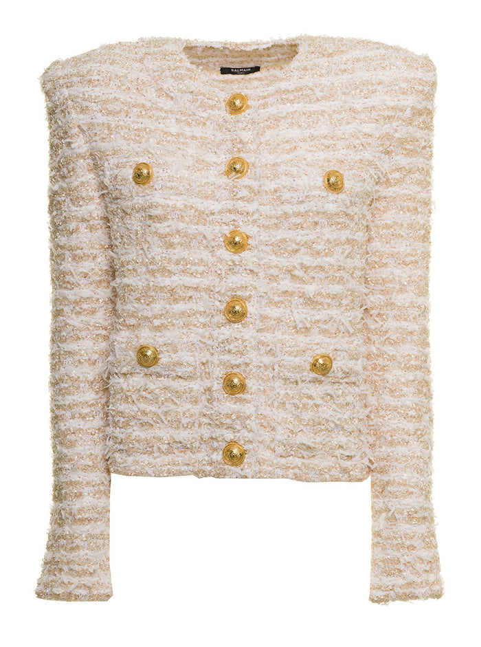 Balmain Womans Beige Tweed Blazer With Padded Shoulders Polyamide Viscose Polyester Blazers