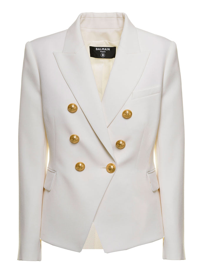 Balmain Womans Double-Breasted White Wool Blend Blazer Wool; Lining: Viscose Blazers