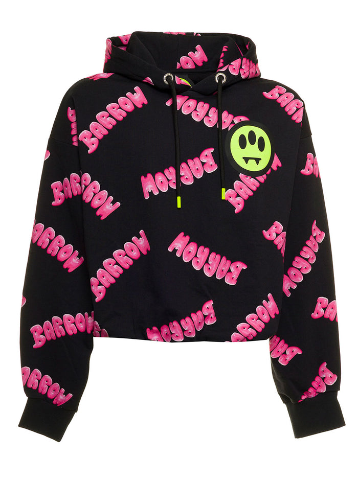 Barrow Cotton Hoodie With Logo Allover Black Sweatshirts