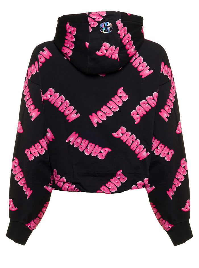 Barrow Cotton Hoodie With Logo Allover Black Sweatshirts