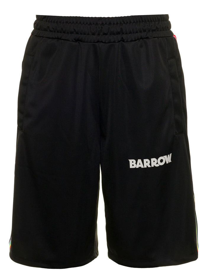 Black Nylon Bermuda Shorts With Man Barrow Logo Print Polyester And