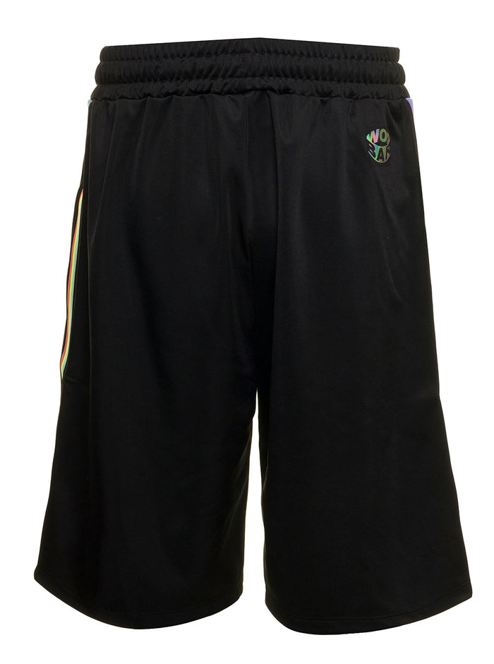 Black Nylon Bermuda Shorts With Man Barrow Logo Print Polyester And