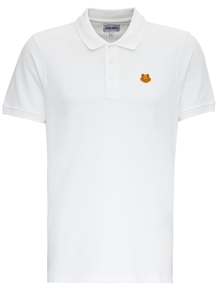Kenzo Tiger Mans White Cotton Piquet Polo Shirt With Logo Tshirts And