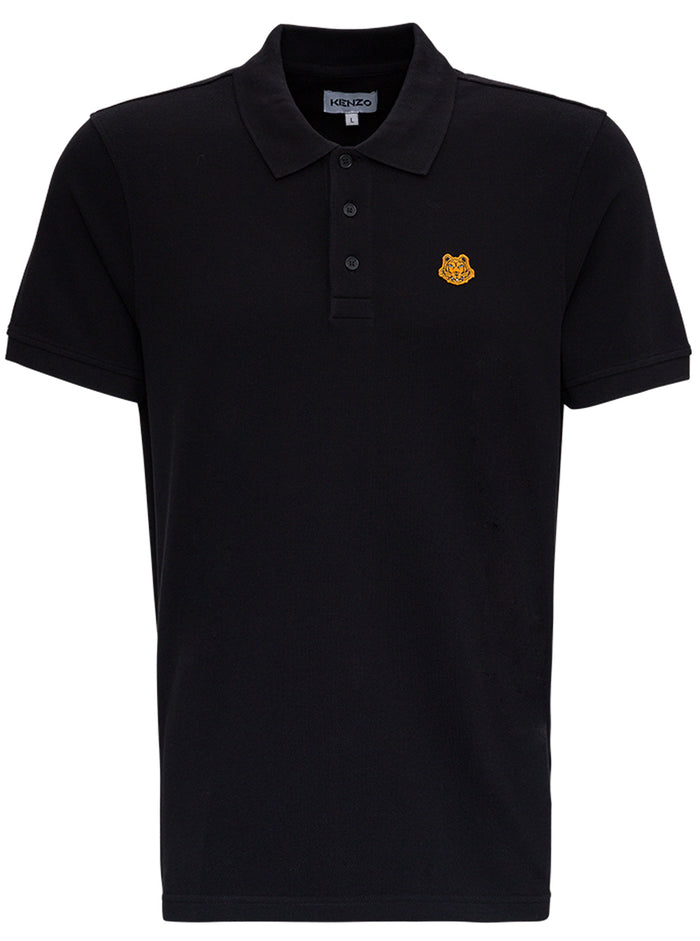 Kenzo Tiger Mans Black Cotton Piquet Polo Shirt With Logo Tshirts And