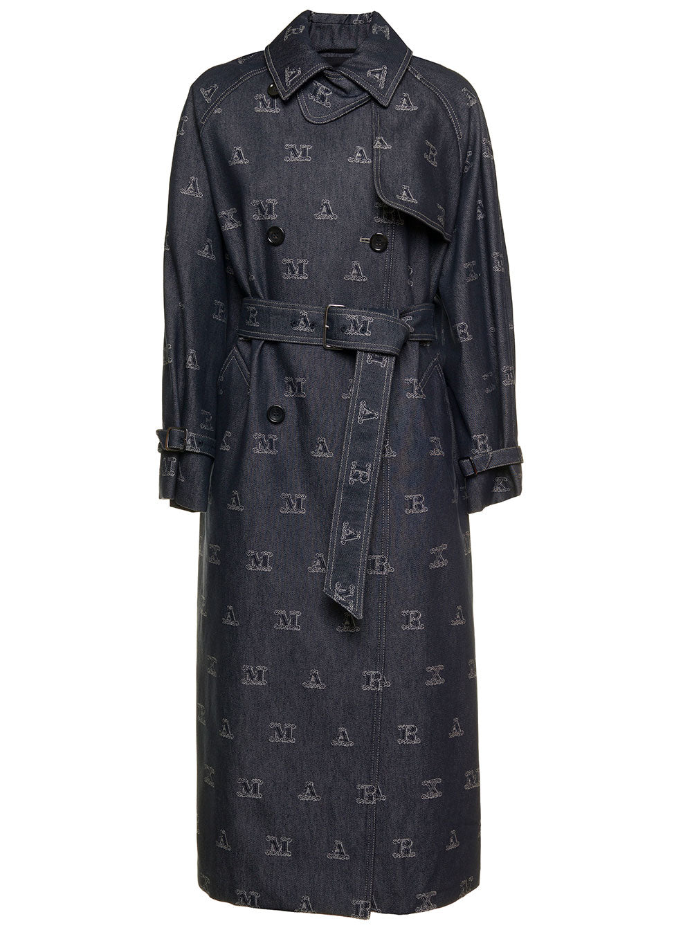 Max Mara Womens Mescal Blue Denim Trench Coat With Allover Logo Blu Cotton
