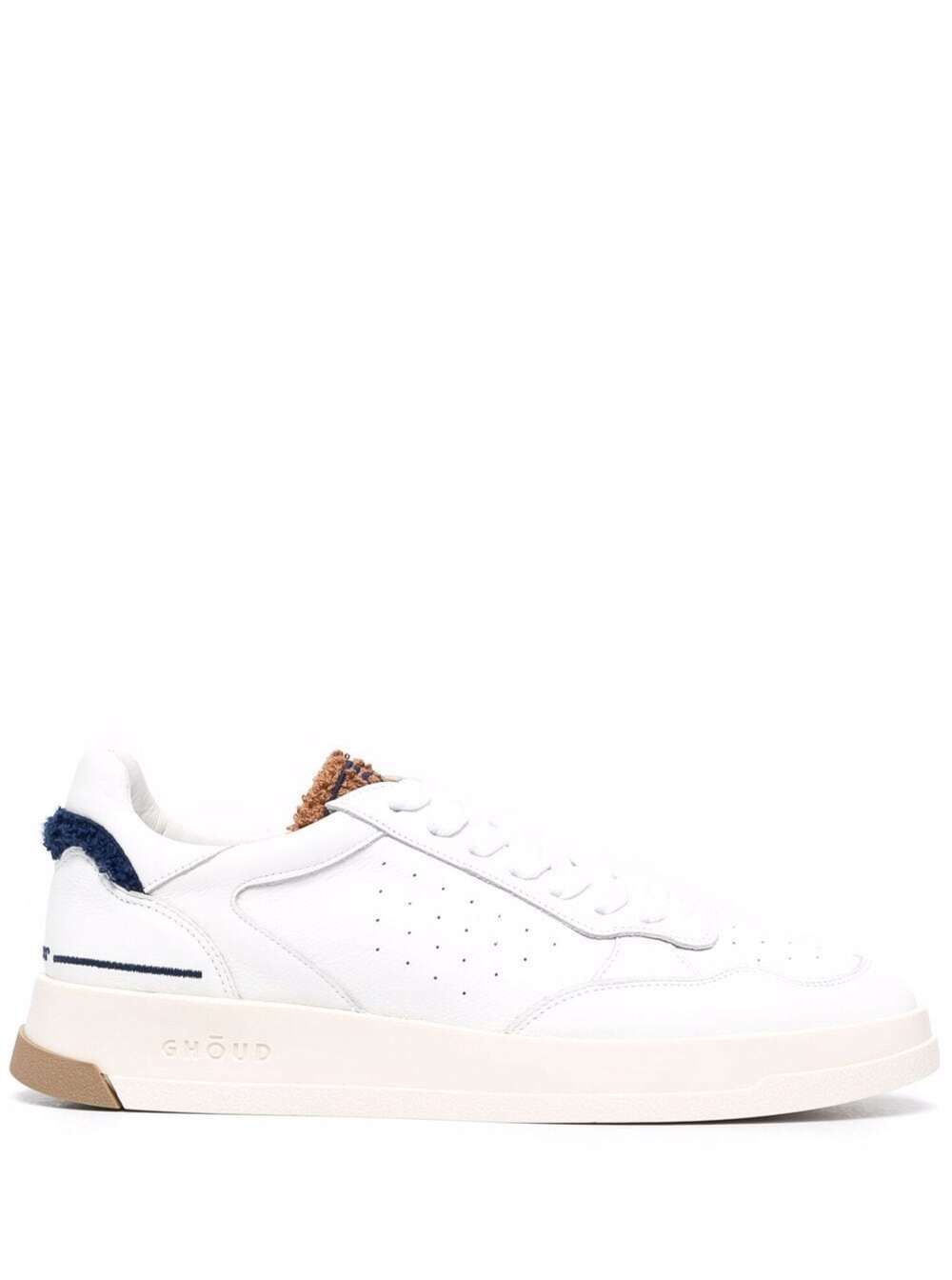 Ghoud Mans White Leather Sneakers With Brown Sponge Inserts Calf Fabric