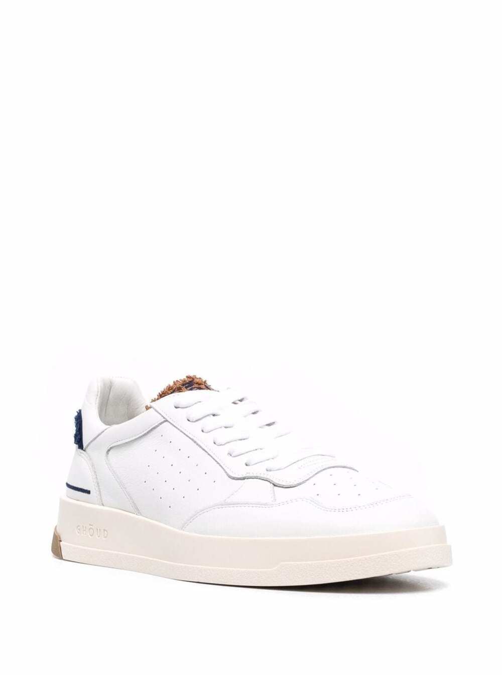 Ghoud Mans White Leather Sneakers With Brown Sponge Inserts Calf Fabric