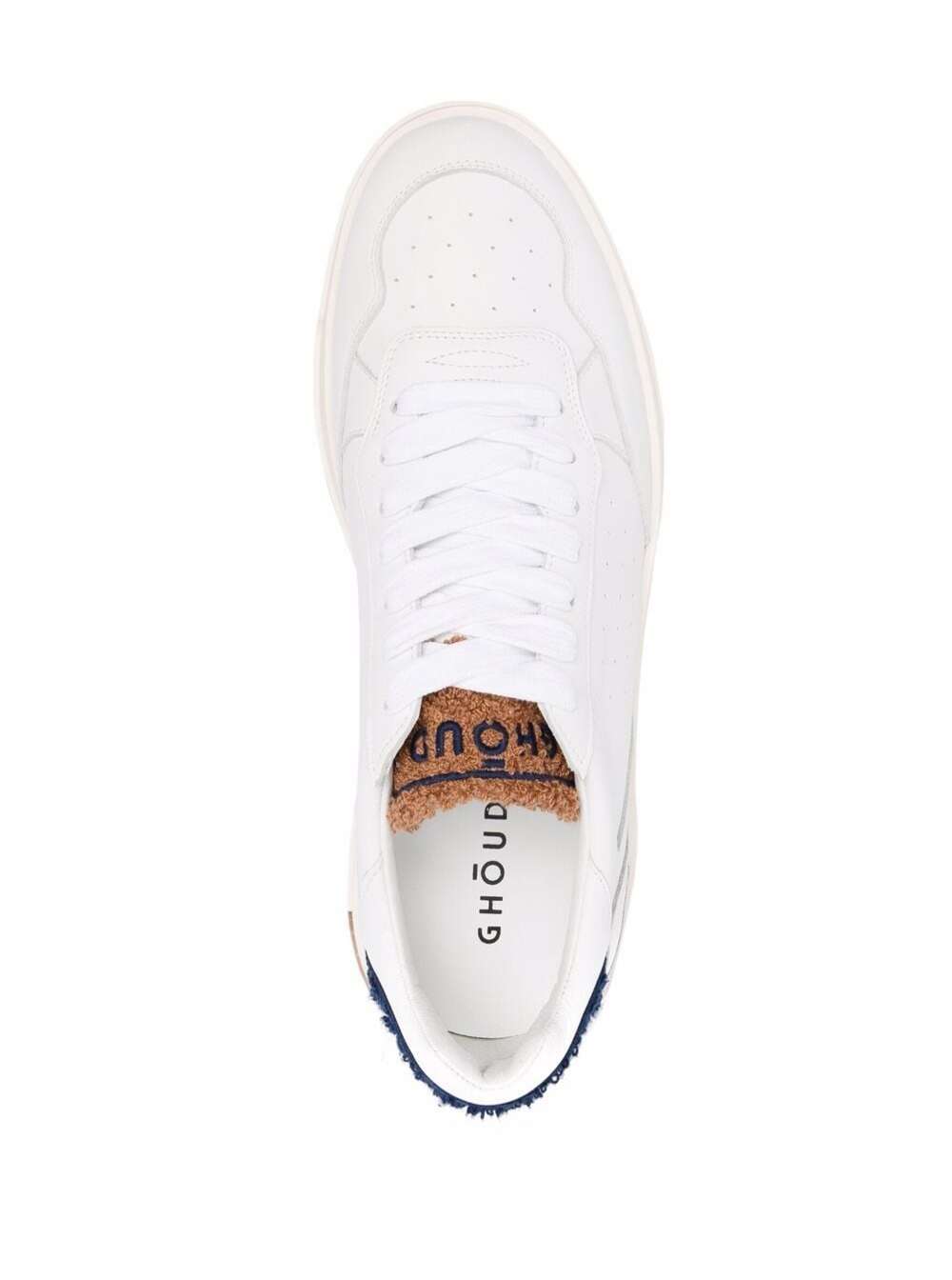 Ghoud Mans White Leather Sneakers With Brown Sponge Inserts Calf Fabric