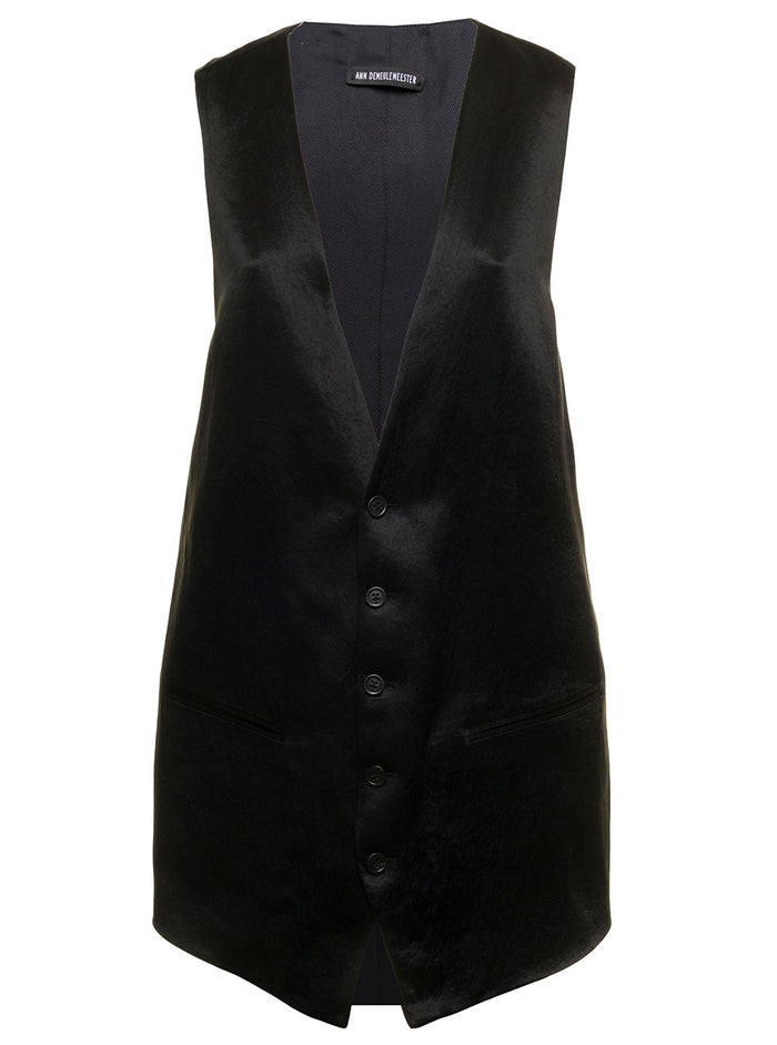 Ann Demeulemeester Womans Black Satin Long Vest Acetate % Viscose Cotto Blazers