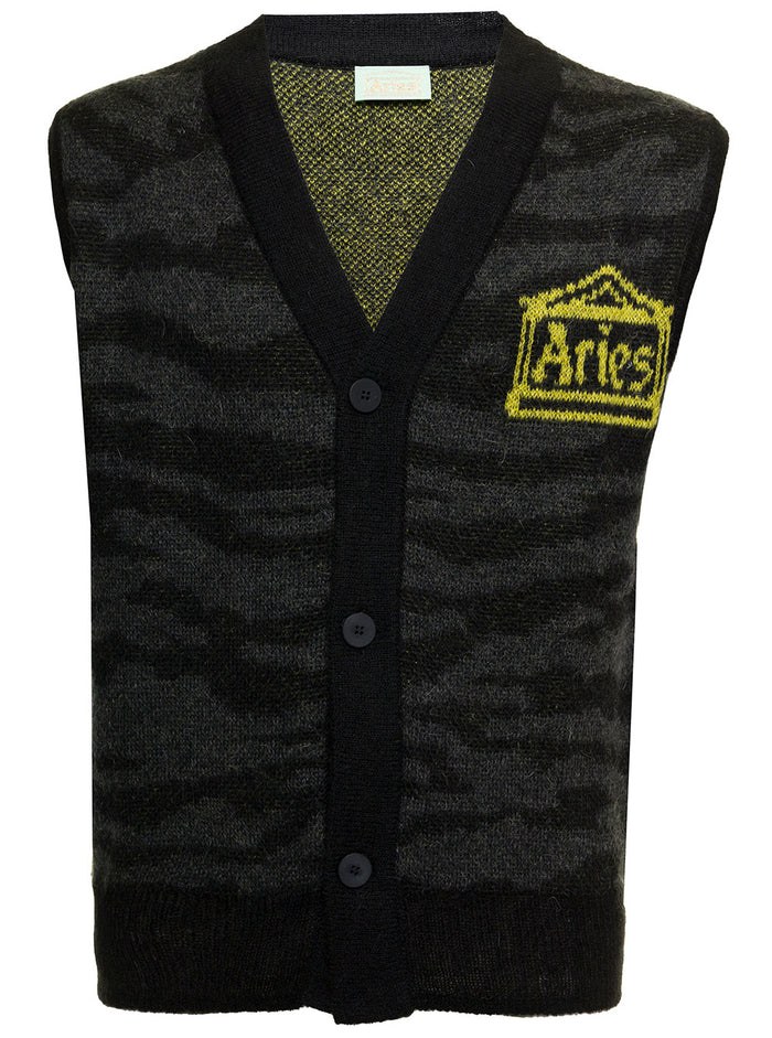 Aries Mans Mohair Blend Vest With Logo Grey Polyester Polyamide Jersey