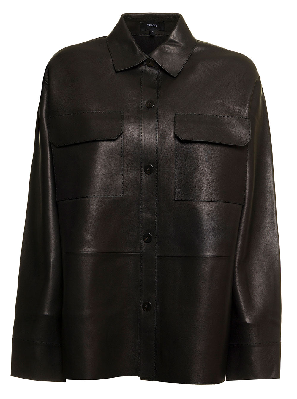 Theory Woman Black Leather Shirt With Pockets Lamb Blazers
